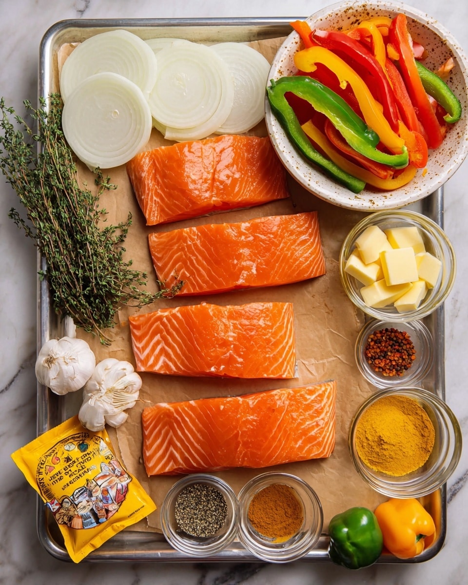 A silver tray shows four raw salmon fillets with a rich orange color and white lines, placed in the center on brown paper. Above the salmon, there are white onion slices and green thyme sprigs positioned on the left side. To the right, a white bowl with brown speckles holds long strips of green and red bell peppers, stacked loosely. Around the salmon fillets, small white dishes contain yellow butter cubes, whole peeled garlic cloves, and a red spice mix. Other small clear bowls hold light yellow ginger paste, dark curry powder, and a clear liquid. Two small round peppers, one green and one yellow, sit at the bottom left next to a yellow curry powder packet. The tray rests on a white marbled surface. photo taken with an iphone --ar 4:5 --v 7