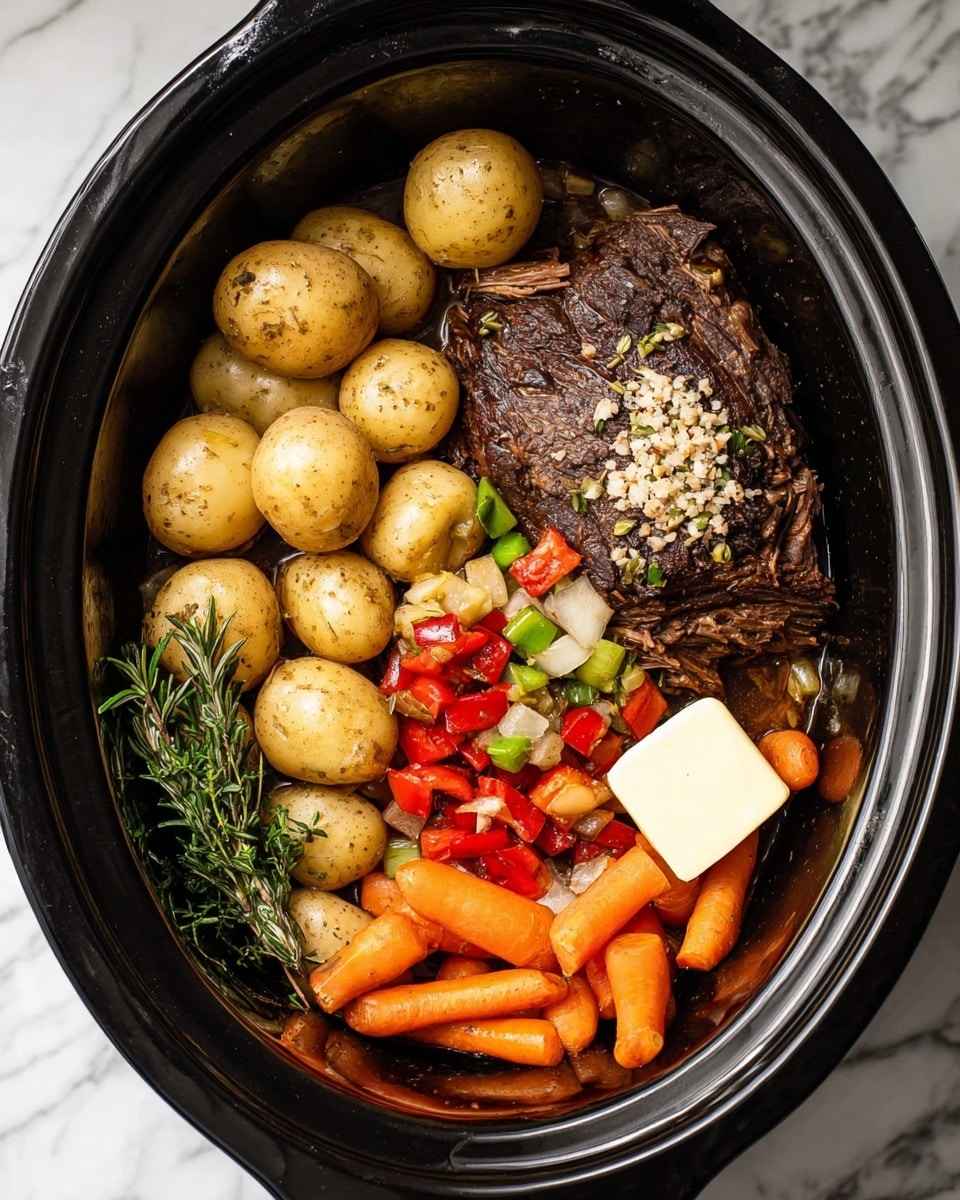 Inside a black slow cooker, a large dark brown cooked meat sits on one side with bits of sautéed diced red bell peppers, green celery, and brown onions on top. Around the meat are several whole yellow potatoes, some plain and some topped with a grayish powder mix and oats, and a few sprigs of fresh green rosemary and thyme. Bright orange baby carrots are grouped together near the potatoes, and a pale yellow square of butter rests on the edge, starting to melt onto the vegetables. The slow cooker is placed on a white marbled surface. photo taken with an iphone --ar 4:5 --v 7