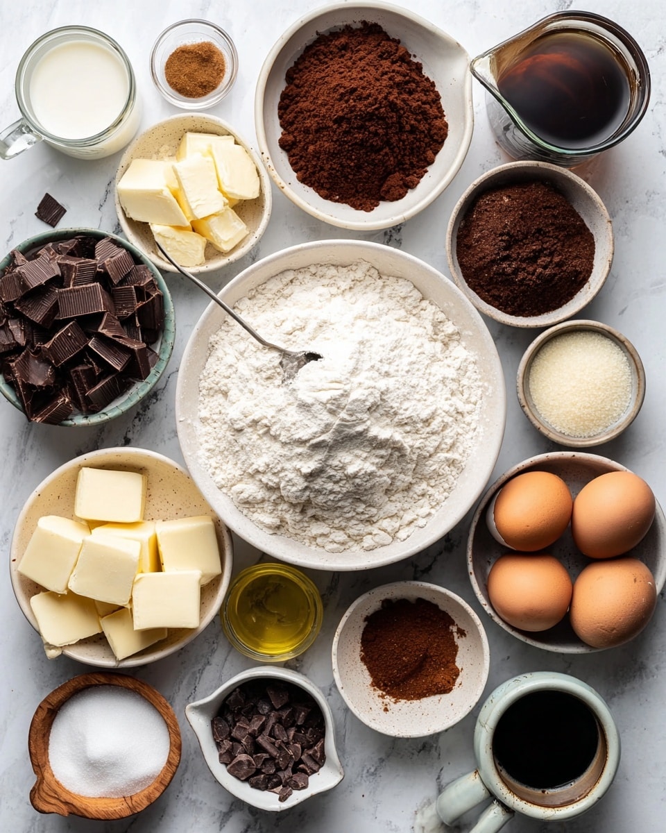 The image shows a top view of various baking ingredients placed on a white marbled surface. In the center, there is a bowl filled with white flour with a spoon inside. Around it are several small white bowls holding dark cocoa powder, light brown sugar, cubed butter, and chopped dark chocolate. There is also a measuring cup with milk, a small cup of vanilla extract, two brown eggs in a bowl, a cup of black coffee, a glass with oil, and some white powdered ingredients like baking soda and salt in small wooden bowls. The bowls and cups are all white or neutral-colored, arranged neatly with good lighting. Photo taken with an iphone --ar 4:5 --v 7