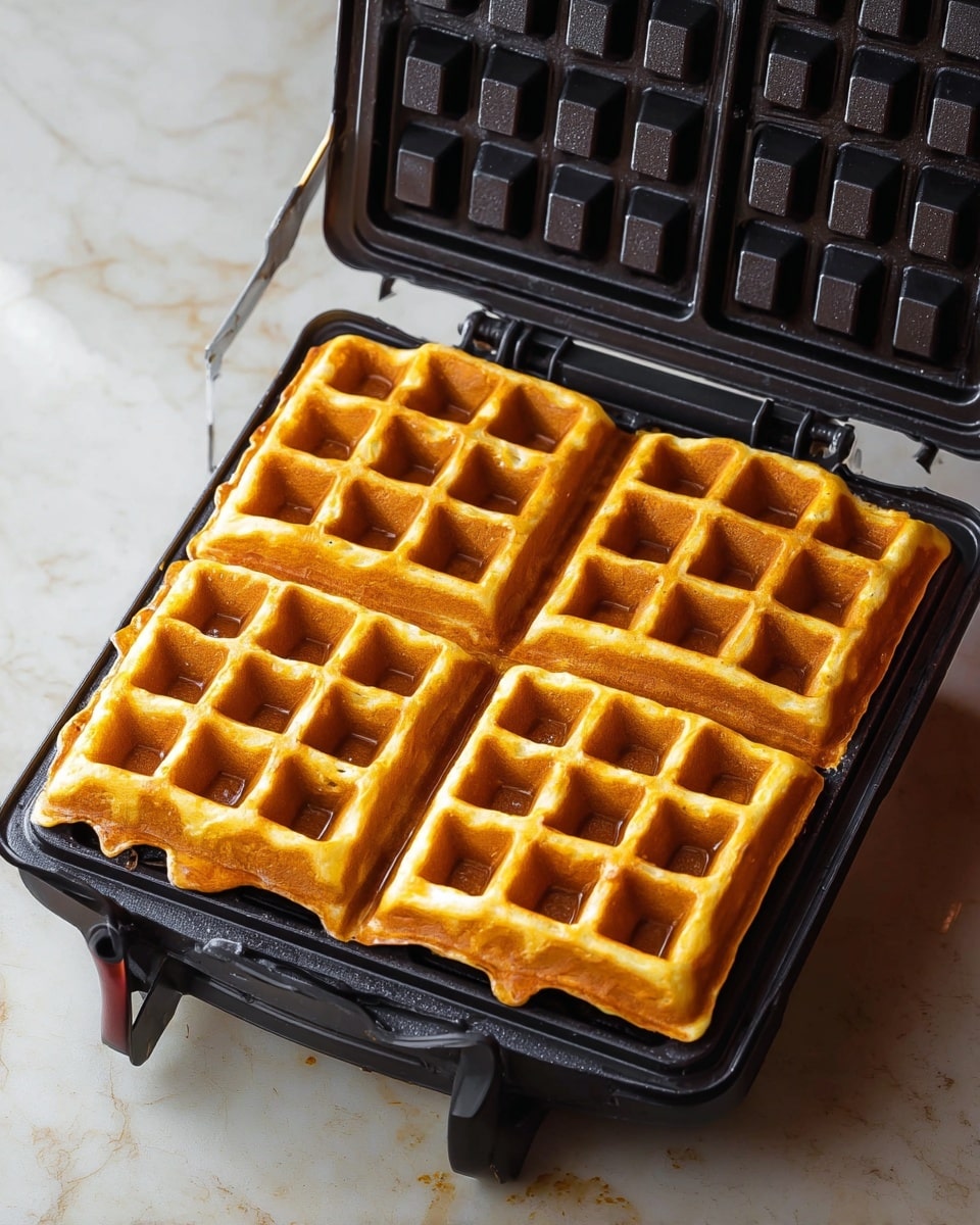 A golden brown waffle is freshly cooked in a black waffle iron, showing four square sections with deep grid patterns. The waffle's edges are slightly uneven and some batter spills out a bit, creating small rounded shapes around it. The texture looks crisp on the outside with a soft inside, and the waffle iron has a black non-stick surface with a textured top lid open to reveal the waffle. The background is a white marbled texture. photo taken with an iphone --ar 4:5 --v 7
