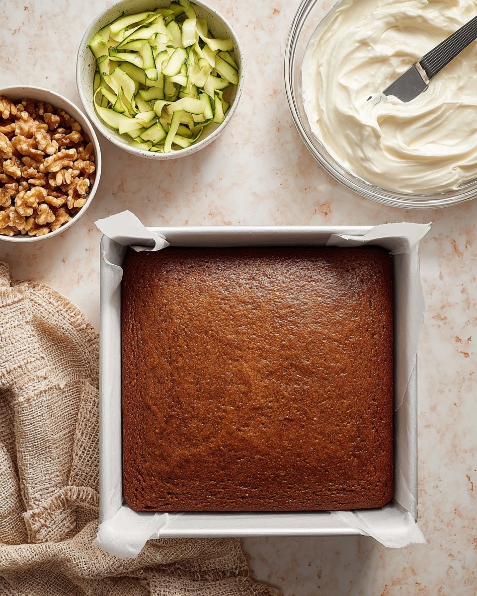 The image shows a single-layer square cake with a smooth, brown, and slightly shiny top, placed in a white baking pan lined with parchment paper. Around the pan, there are three bowls on a white marbled surface: a bowl with light green thinly sliced zucchini, a bowl with roughly broken light brown walnuts, and a clear bowl with thick, white creamy frosting with a metal spatula inside. A beige textured cloth is partially visible under the pan on the left side. Photo taken with an iphone --ar 4:5 --v 7