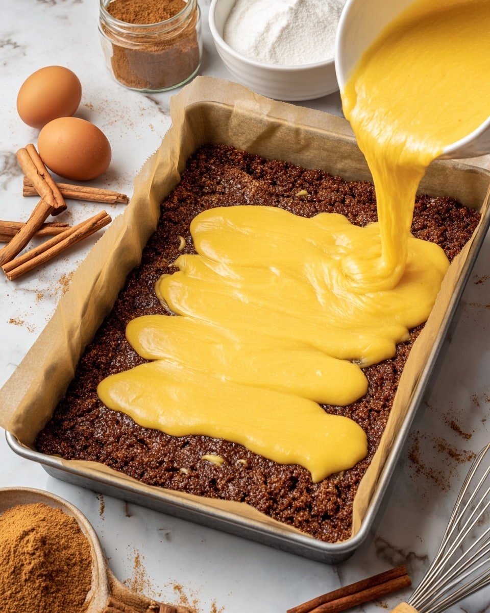 A metal baking pan with two layers shows a baking process on a white marbled surface; the bottom layer is a crumbly, dark brown mixture evenly spread, while a thick, smooth, light yellow batter is being poured on top, with a woman's hand holding a bowl from which the batter flows in broad streams mainly covering the middle and right side of the crumb layer. Around the pan, there are cinnamon sticks, cinnamon powder in small glass bowls, eggs, and a small bowl with a whisk, suggesting the spices and ingredients used. Photo taken with an iphone --ar 4:5 --v 7