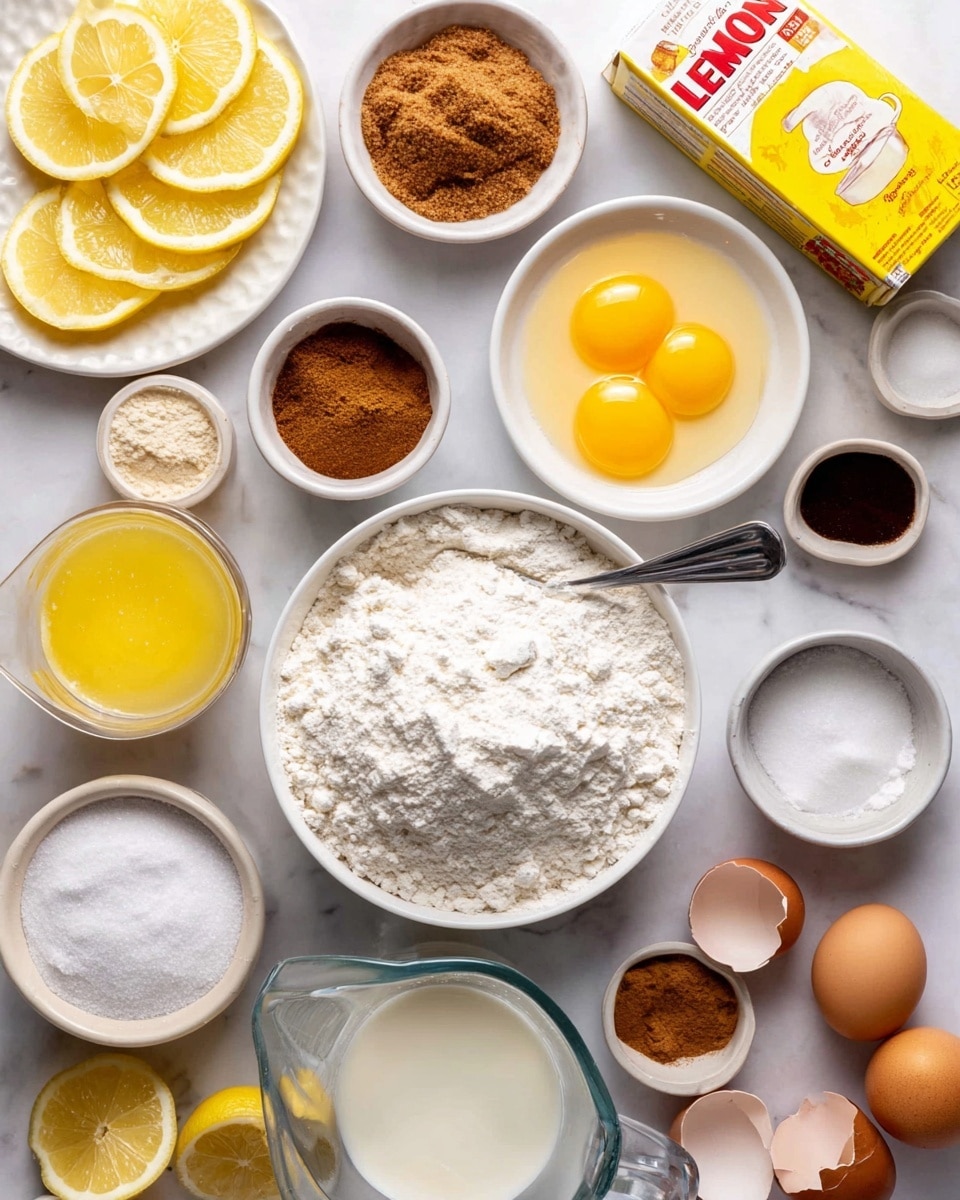 The image shows a top view of many baking ingredients placed on a white marbled surface. In the center, there is a white bowl full of white flour with a silver spoon inside. To the right, a white bowl holds three raw eggs with bright yellow yolks. Surrounding these are small white and brown bowls containing light brown sugar, white sugar, brown spices, salt, and white baking powder. There is a clear measuring cup with a light liquid and a glass jug of milk at the bottom. On the left, lemon slices are neatly arranged on a white plate, and a citrus juicer with some lemon juice is nearby. A bright yellow box of lemon JELL-O is visible on the right side with some lemon wedges around it. Three brown eggs and cracked eggshells sit near the lemon plate. The colors are soft and light, and all bowls and plates are white, contrasting with the natural colors of the ingredients. photo taken with an iphone --ar 4:5 --v 7
