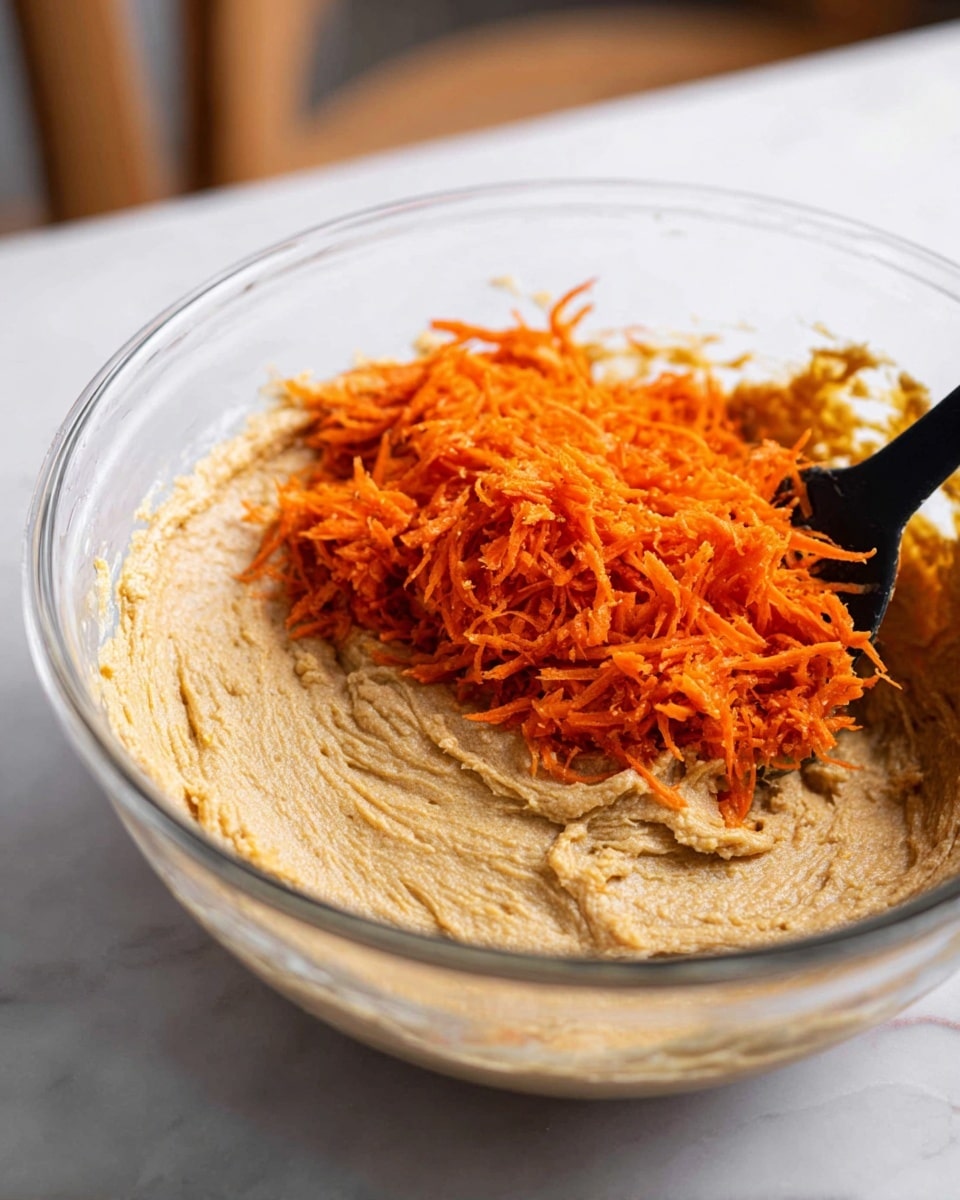 A clear glass bowl sits on a white marbled surface, filled mostly with a thick, light brown batter layer that has a smooth and slightly grainy texture, taking up about three-fourths of the bowl. On top of the batter, near the center, there is a pile of bright orange shredded carrot that looks fresh and finely grated. A black spatula is partially submerged in the mixture toward the right side of the bowl, ready to mix the layers. The background is blurred but shows hints of wooden furniture. Photo taken with an iphone --ar 4:5 --v 7