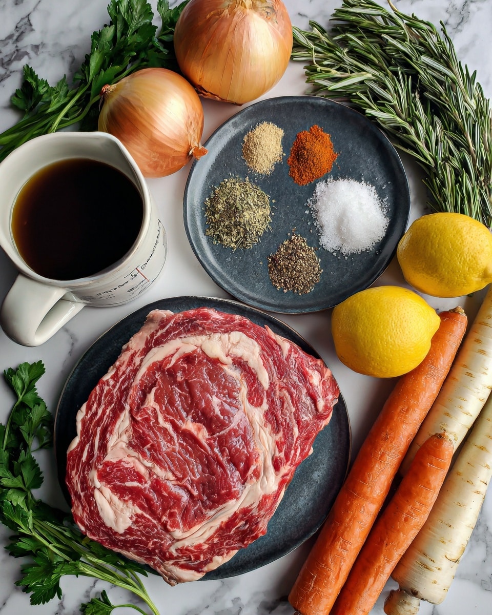 The image shows ingredients laid out on a white marbled surface. In the center is a large piece of raw beef with red and white marbling. To the left, there is a box of beef broth and fresh green celery stalks. Above the beef, a dark gray round plate holds four small piles of spices: dried rosemary, dried oregano, salt, and paprika. Above that are four whole onions, two yellow and two red, along with a lemon and a bulb of garlic. To the right, there are several orange carrots with green tops and a long white root vegetable. Some fresh green parsley leaves are also visible near the top and right edges of the image. photo taken with an iphone --ar 4:5 --v 7