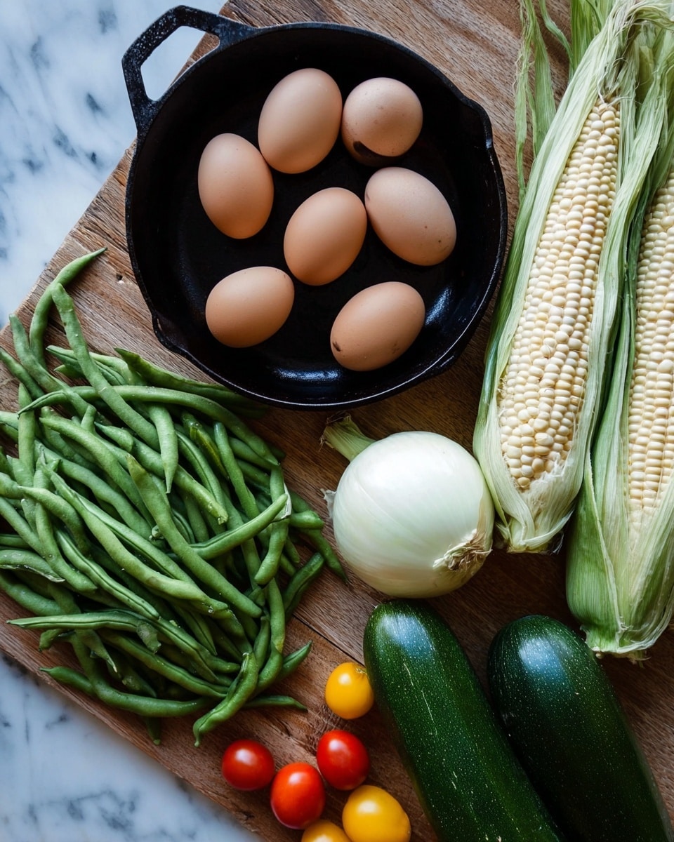A black cast iron pan sits near the center with six brown eggs arranged in a loose circle inside it. To the right of the pan are two ears of white corn with green husks partially peeled back, showing the kernels. Below the pan and corn, a large white onion rests on a wooden surface, next to a pile of fresh green beans extending towards the bottom left corner. Two dark green zucchinis lie just above the green beans, and small red and yellow cherry tomatoes appear near the bottom left edge. The whole setup is on a white marbled surface. photo taken with an iphone --ar 4:5 --v 7