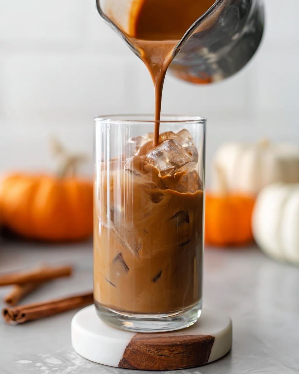 A tall clear glass filled with light brown iced coffee with visible ice cubes inside. A darker brown creamy liquid is being poured into the glass from a metal pitcher above. The glass sits on a round wooden and white marble coaster, placed on a white marbled surface. In the background, there are blurred white and orange pumpkins and a cinnamon stick on the surface. The scene is bright and softly lit, focusing on the pouring action. photo taken with an iphone --ar 4:5 --v 7