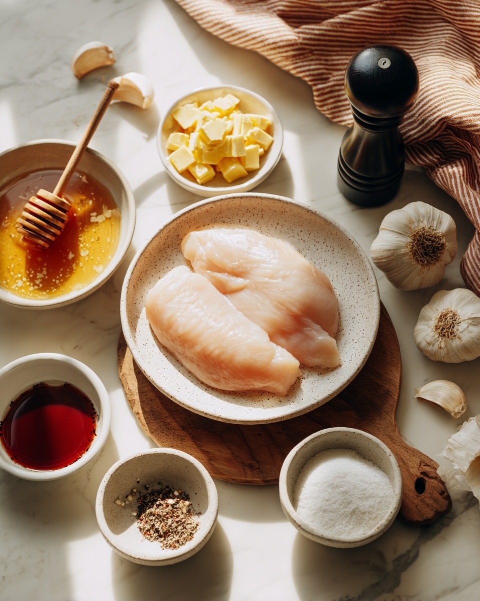 A speckled white bowl sits on a small wooden board, holding two smooth, pale pink pieces of raw chicken layered gently to overlap each other. Surrounding the bowl on a white marbled surface are small white dishes filled with various ingredients: a shallow dish of golden honey with a wooden honey dipper resting in it, another with light yellow butter curls, one with dark soy sauce, a small pool of reddish sriracha sauce, a tiny dish of white all-purpose flour, and one containing amber apple cider vinegar. A small white bowl holds a mix of salt and black pepper, with a black pepper grinder nearby. Whole and peeled garlic cloves are scattered casually near the dishes, and the setting is softly lit with warm natural light, accented by a brown striped cloth on the top right. Photo taken with an iphone --ar 4:5 --v 7