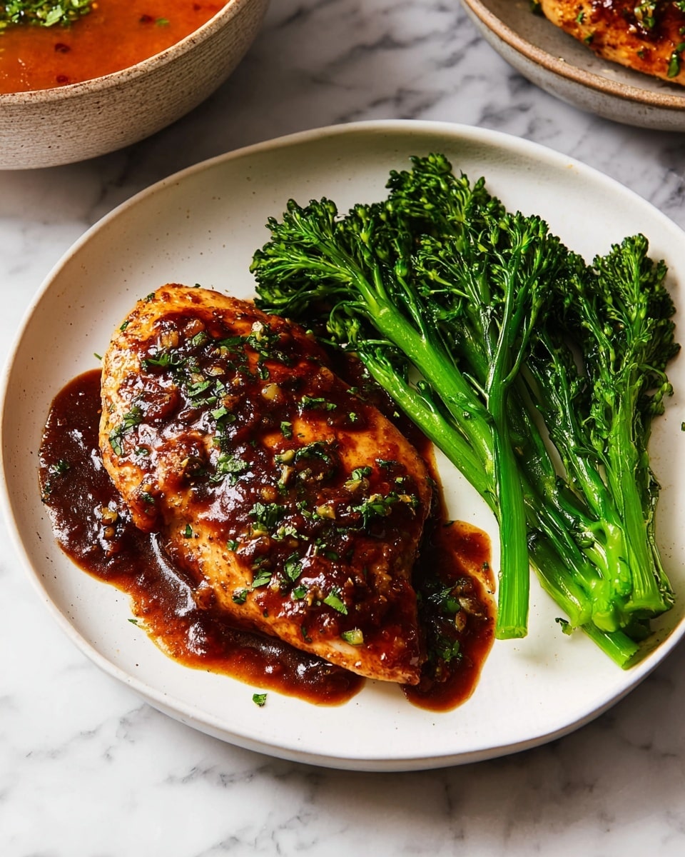 A white pot holds four pieces of cooked chicken in a dark brown sauce, with a shiny texture and bits of herbs sprinkled on top. The chicken pieces vary in size and shape, coated evenly with the sauce that pools at the bottom of the pot. The pot is on a wooden board, and part of some green leaves can be seen on the side, with a white marbled surface below. photo taken with an iphone --ar 4:5 --v 7