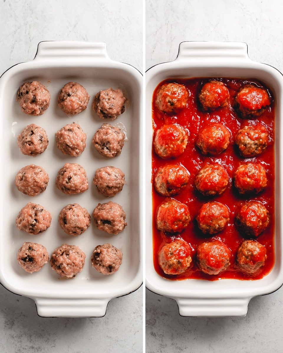 Two side-by-side images show a white rectangular baking dish on a white marbled surface. On the left, the dish contains 18 raw round meatballs in neat rows, with a light pinkish color and dark bits inside. On the right, the same dish holds 18 cooked meatballs covered with bright red tomato sauce, the sauce spreading around and between the meatballs, making them look shiny and juicy. Photo taken with an iphone --ar 4:5 --v 7