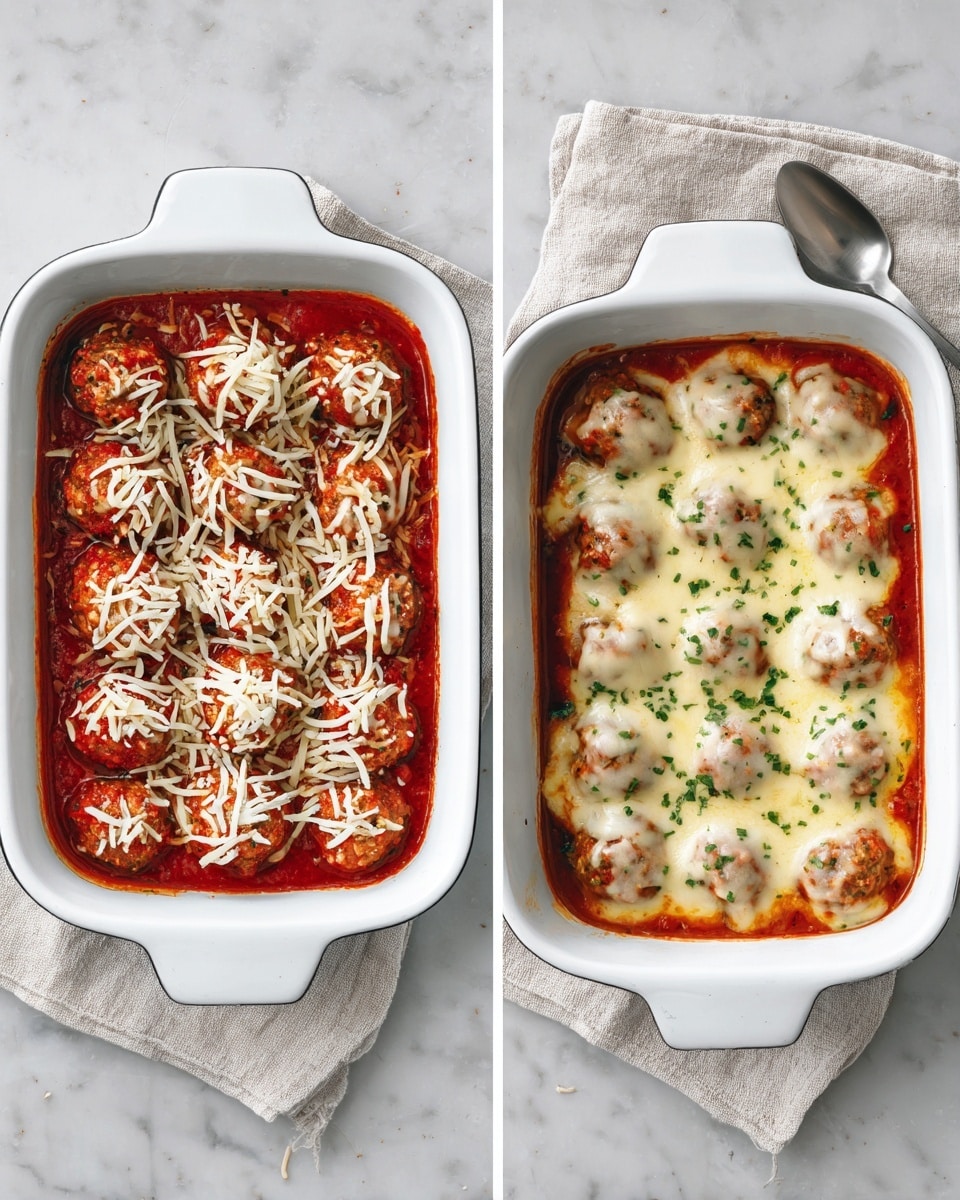 The image shows two white rectangular baking dishes on a white marbled surface. The left dish is filled with two layers: the bottom layer has red tomato sauce with round meatballs, and the top layer is white shredded cheese spread unevenly over the meatballs and sauce. The right dish shows the same meatballs now covered with melted, bubbling cheese with a slightly golden tint, sitting in the tomato sauce, and sprinkled with small green herbs. A silver spoon lies near the top right corner beside the right dish, and a light cloth is visible under the bottom left of the dish. photo taken with an iphone --ar 4:5 --v 7