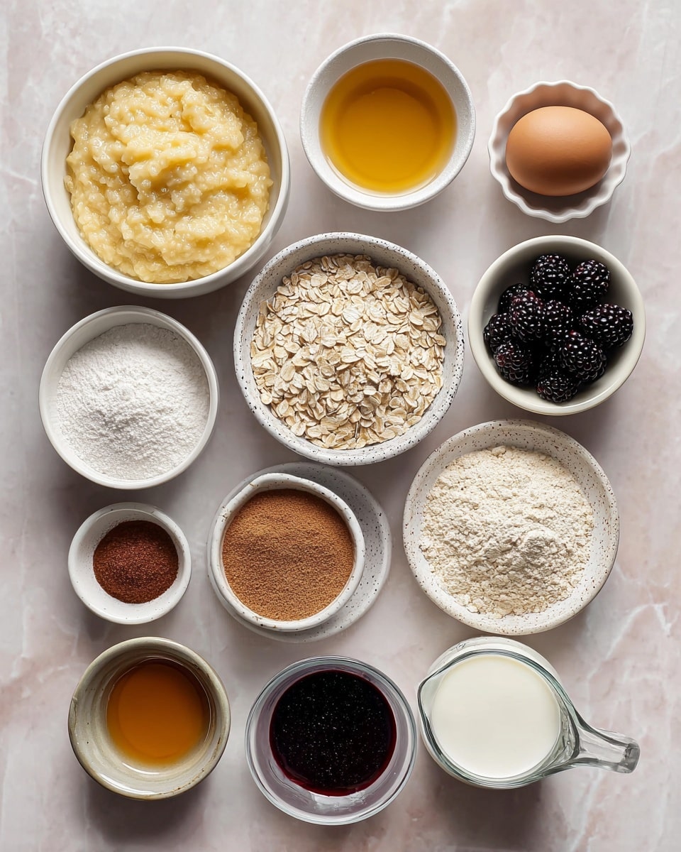 The image shows a collection of various ingredients arranged neatly in small bowls and a glass measuring cup on a white marbled surface. Starting from the top left, there is a bowl filled with mashed banana, creamy and yellowish in color, followed by a white bowl with a clear golden liquid, and to its right, a small white ramekin holding a single brown egg. Below the egg, a bowl contains pale beige rolled oats, next to it a speckled white plate holds white powders like baking powder, soda, and salt. On the left side below the banana, there is a bowl filled with a golden liquid, likely oil, beneath it a bowl with reddish brown light brown sugar or spice, and next to it a small white bowl filled with dark brown vanilla extract. At the bottom, there is a larger bowl with light beige flour and the glass measuring cup contains white milk. In the center, a bowl holds dark blackberries. Everything is clearly separated and displayed on the white marbled surface, capturing a bright, clean, and organized scene. Photo taken with an iphone --ar 4:5 --v 7