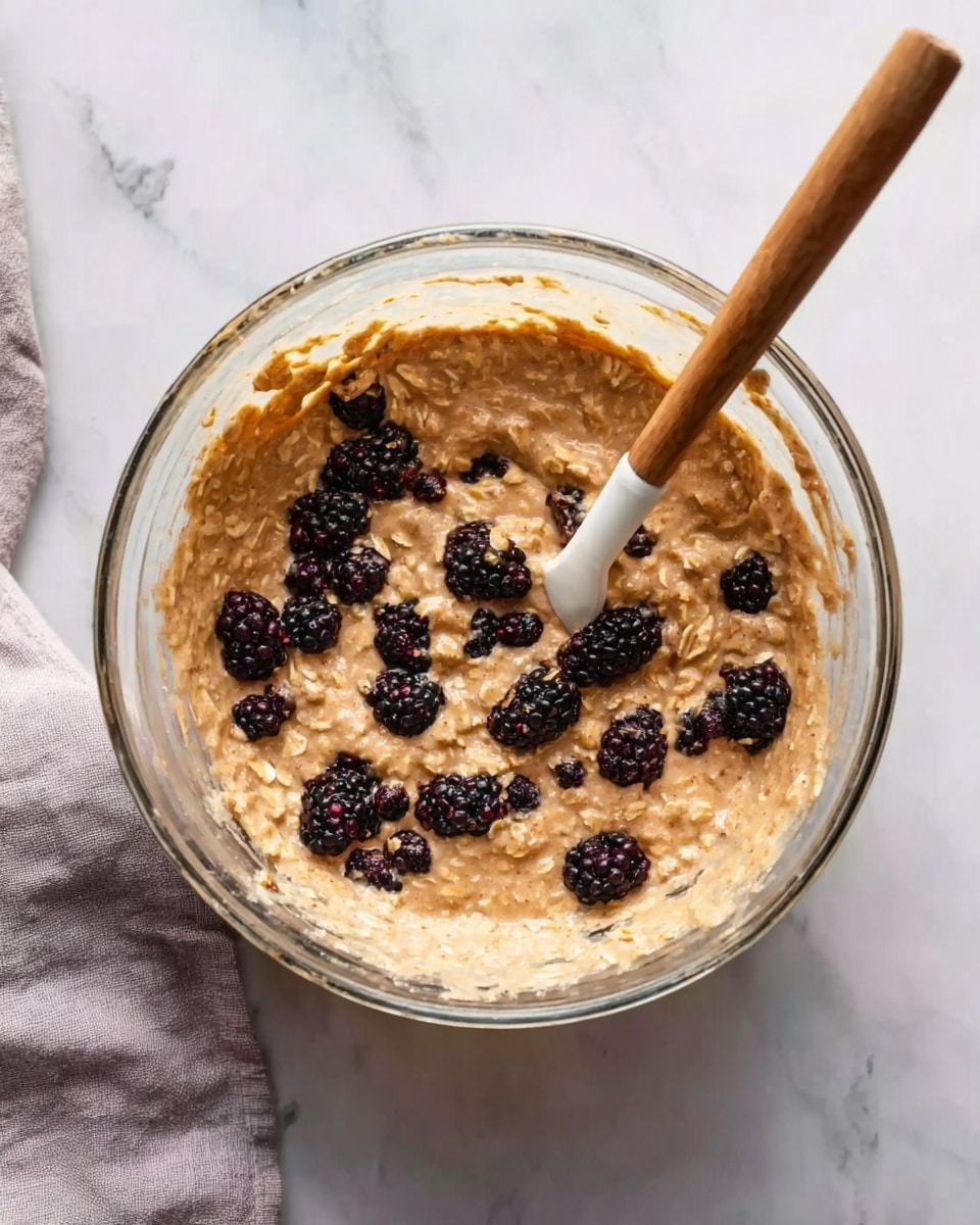 The image shows a clear glass bowl filled with a thick, light brown mixture of oats and batter. Scattered within the mixture are whole blackberries, their dark purple-black color standing out against the oat blend. A wooden spoon with a white silicone spatula tip is resting inside the bowl, partially immersed in the oat mixture. The bowl is placed on a white marbled surface, and a light gray cloth is partially visible on the left side. photo taken with an iphone --ar 4:5 --v 7