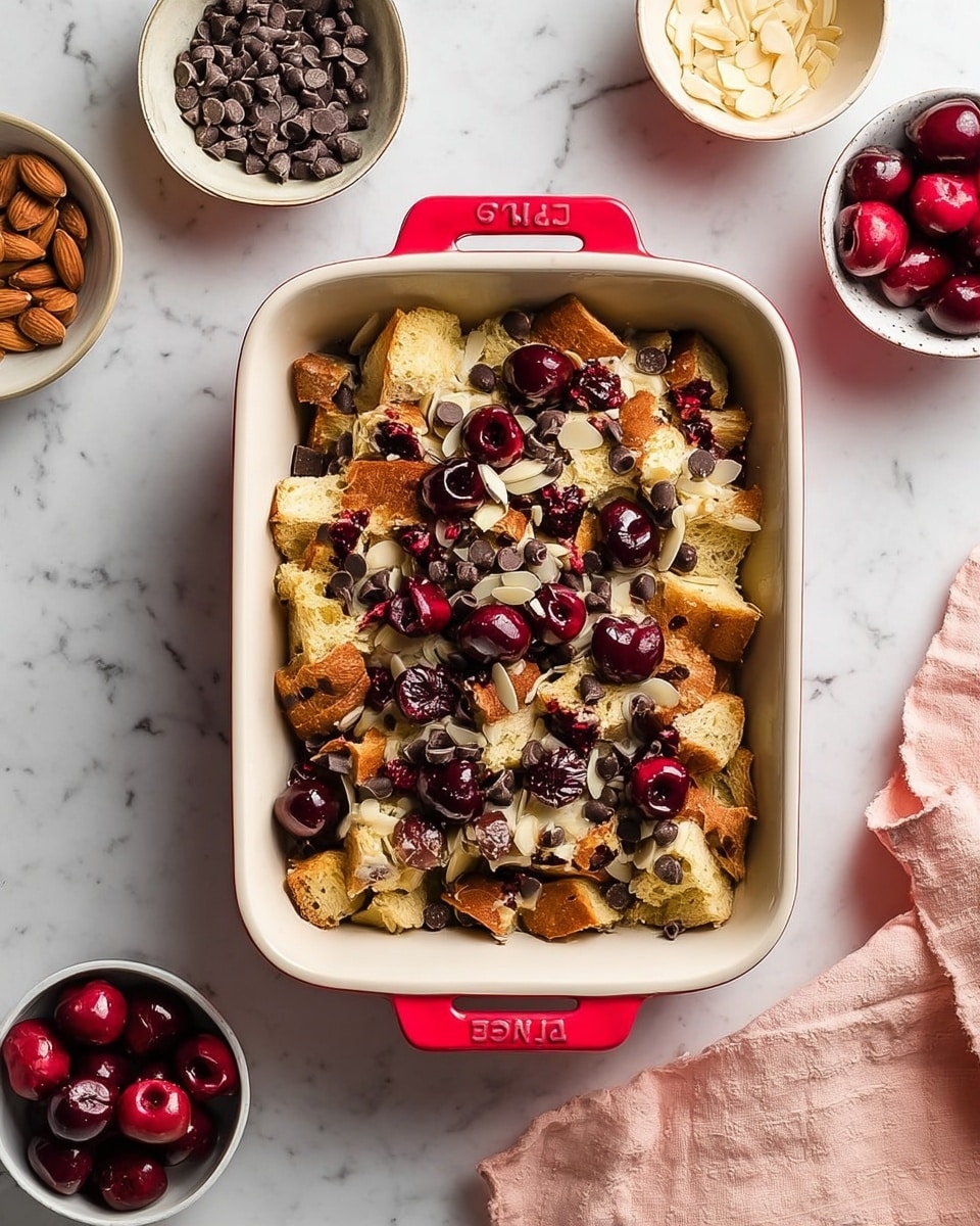 The image shows a white rectangular baking dish with red handles filled with broken pieces of light brown bread forming the base layer. Scattered on top are dark red halved cherries, small dark chocolate chips, and slivered almonds, creating a mix of deep red, dark brown, and pale beige colors that contrast with the bread beneath. Around the main dish, bowls with additional ingredients like cherries, chocolate chips, and almonds sit on a white marbled surface with a soft pink cloth partially visible on the right. The lighting highlights the textures of the bread and cherry skins clearly. Photo taken with an iphone --ar 4:5 --v 7
