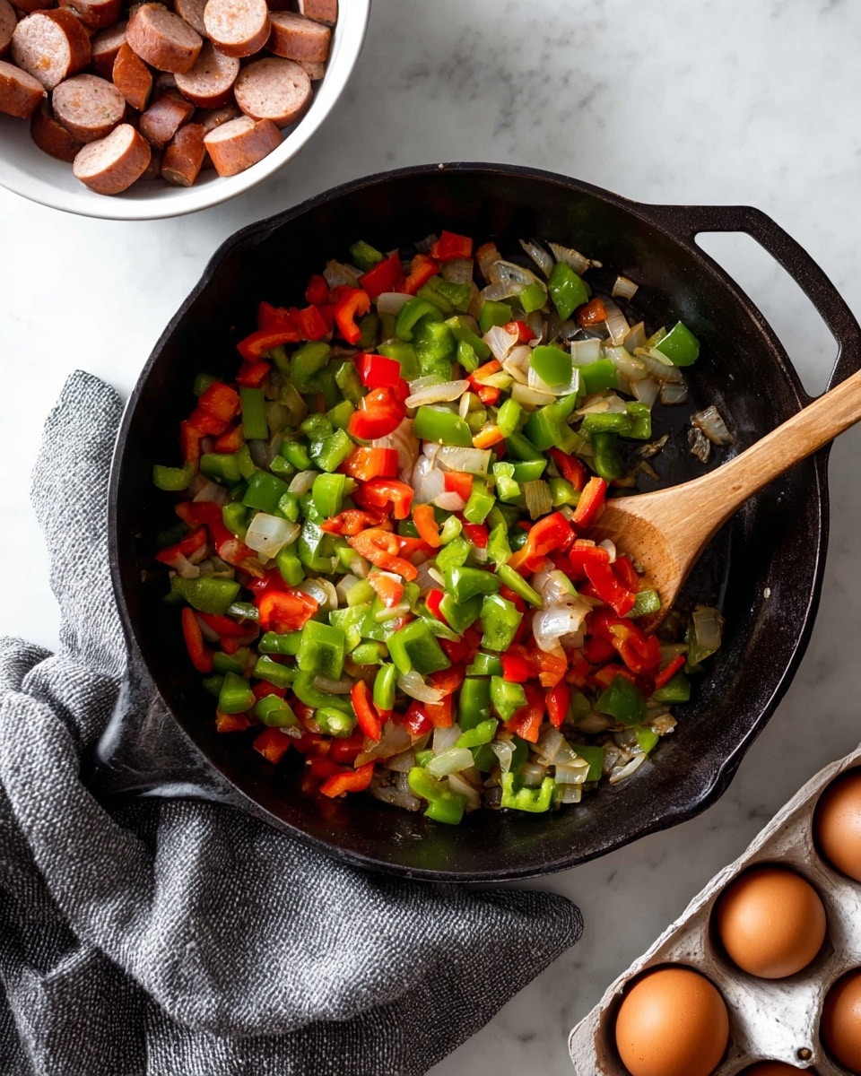The image shows a black cast iron pan on a white marbled surface, filled with two layers of chopped vegetables: bright green and red bell peppers on top and small pieces of translucent cooked onions underneath. A wooden spoon rests inside the pan, stirring the mixture. To the upper left is a white bowl filled with sliced cooked sausage, light brown with a shiny surface. In the lower right corner, an open carton with three brown eggs is partially visible, and a gray textured cloth is placed underneath part of the pan. Photo taken with an iphone --ar 4:5 --v 7