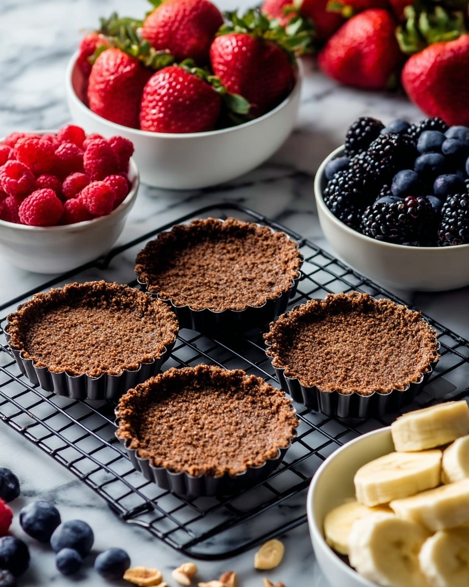 The image shows four small round tart shells with crumbly brown crusts placed evenly on a black cooling rack. Around the tart shells are white bowls filled with colorful fruits: bright red raspberries and deep blue blueberries in one bowl, ripe blackberries in another, sliced pale yellow bananas in a separate bowl, and large whole red strawberries in a white bowl in the background. The setting is on a white marbled surface, with some scattered small nut pieces near the tarts. Photo taken with an iphone --ar 4:5 --v 7