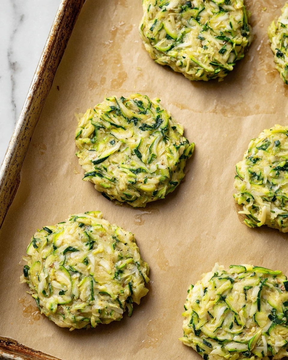 Five thick, round patties made of shredded green zucchini mixed with a creamy, light yellow batter sit spaced apart on light brown parchment paper, which covers a metal baking sheet. The patties have a rough texture with visible green zucchini strands and small white and darker specks throughout. The edges are uneven and slightly loose, showing individual strands sticking out here and there. The baking sheet corners and side edges are slightly visible, showing some wear and a light rusted color. The background is a white marbled texture. Photo taken with an iphone --ar 4:5 --v 7
