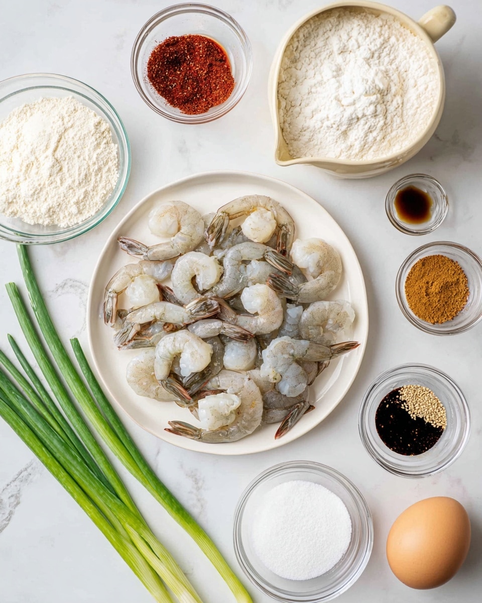 A white plate filled with raw shrimp, some with shells and some peeled, showing light pink and grey colors, is placed near the center on a white marbled surface. To the upper right of the plate is a large beige cup holding white powder, likely cornstarch. Around the shrimp and cup are small clear glass bowls containing white flour, white powder, red spice powder, black soy sauce, sesame seeds, pepper, and a clear liquid. Near the lower left are green onions with long green stalks and a single brown egg sits on the right side. The ingredients are neatly arranged on the white marbled texture, creating a clean and organized layout photo taken with an iphone --ar 4:5 --v 7