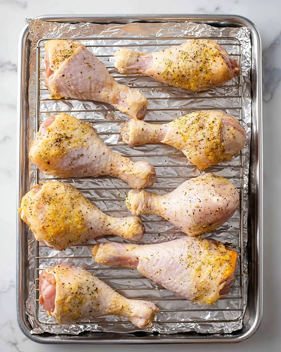 The image shows six raw chicken drumsticks arranged in two vertical columns of three on a metal wire rack. The rack sits on a baking sheet lined with shiny aluminum foil. Each drumstick is pale pink with patches of yellow seasoning and sprinkled black pepper, giving a slightly speckled look. The surface beneath the baking sheet is a white marbled texture. Photo taken with an iphone --ar 4:5 --v 7
