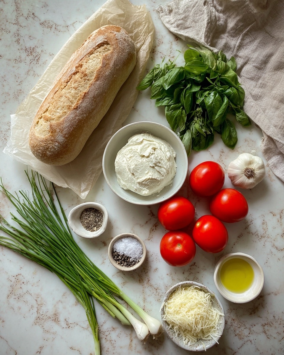 A top-down view shows ingredients laid out on a white marbled surface: a loaf of light brown crusty bread in paper wrap on the left, five smooth red tomatoes grouped nearby, two peeled white garlic cloves, fresh green basil leaves, and flat parsley leaves. In the center is a white bowl filled with a creamy white spread that has a soft texture. Around the bowl are green onions with long white roots, a small white dish of coarse salt and black pepper, a small white bowl of grated cheese, a bundle of green chives, and a small white dish with light yellow olive oil. A soft beige linen cloth is partially visible on the upper right corner. photo taken with an iphone --ar 4:5 --v 7