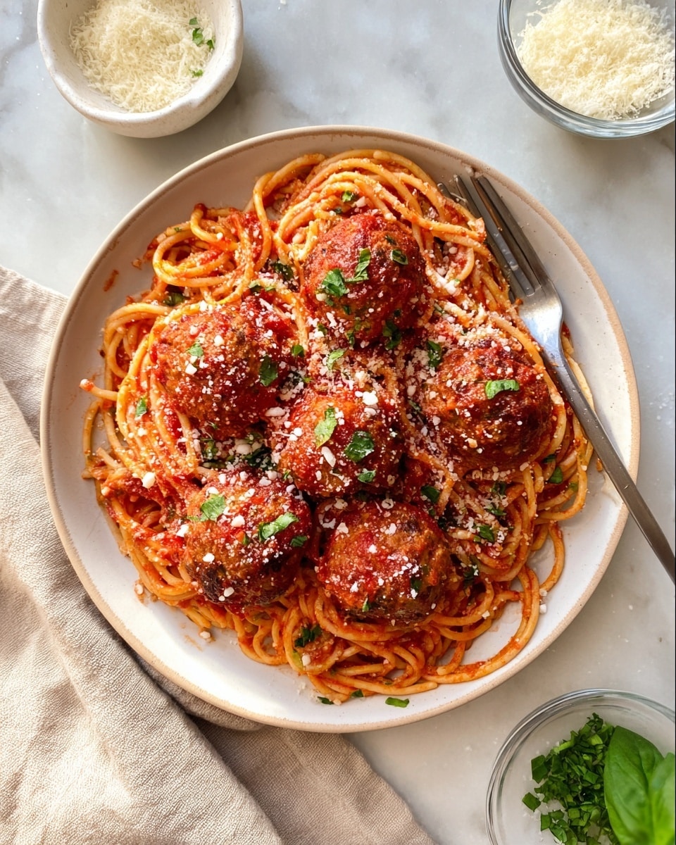 A white plate holds a nest of spaghetti coated in red tomato sauce, topped with five round meatballs also covered in sauce. The meatballs and spaghetti are sprinkled with white grated cheese and small pieces of green parsley. A silver fork sits on the left side of the plate. The plate is on a white marbled surface with a beige cloth napkin just visible at the left edge. Above the plate, there is a small white bowl with grated cheese and a clear small bowl with chopped green herbs. A few green basil leaves peek in from the lower right corner. Photo taken with an iphone --ar 4:5 --v 7