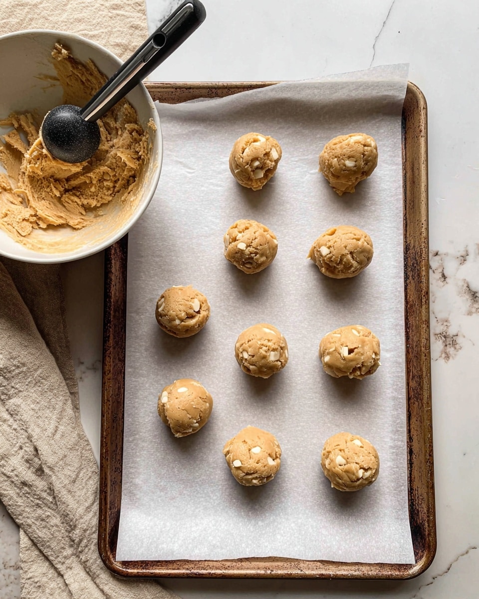 Eight balls of light brown cookie dough with visible white chunks are spaced evenly on a baking tray lined with white parchment paper. To the left side of the tray is a white bowl filled with more cookie dough and white chunks, with a black ice cream scooper resting inside. The background is a white marbled surface with a light beige cloth partially visible. Photo taken with an iphone --ar 4:5 --v 7