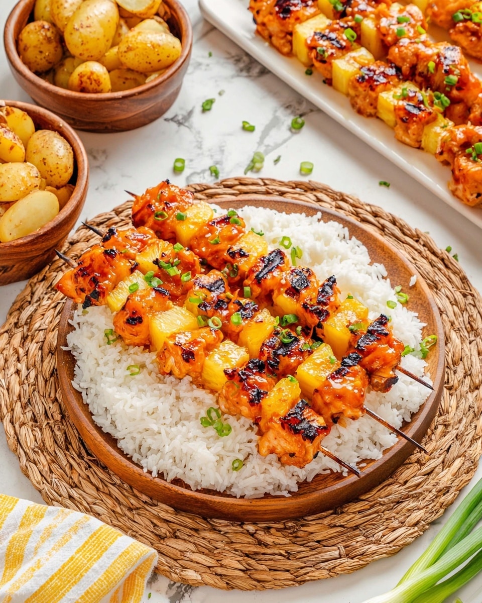 Two metal skewers with bright orange grilled chicken pieces and yellow pineapple chunks are placed on a smooth bed of fluffy white rice on a round wooden plate. The chicken is glazed and has slight charred spots, and both skewers are sprinkled with small green onion pieces. Behind the plate, there is a white rectangular plate with more skewers of the same grilled chicken and pineapple. To the left and right sides of the wooden plate are two small wooden bowls filled with golden roasted potatoes and white rice. The setting sits on a woven, light brown placemat on a white marbled surface with some green onions and a yellow-striped cloth napkin visible in the bottom left corner. Photo taken with an iphone --ar 4:5 --v 7