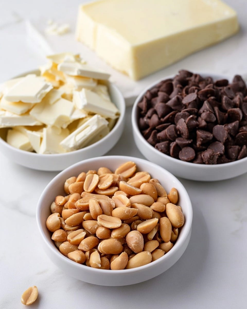 The image shows three white bowls placed on a white marbled surface. The front bowl is filled with shelled peanuts that are light brown with a smooth texture. Behind it, slightly to the right, is a bowl filled with dark brown chocolate chips that have a shiny and slightly rough surface and are round with pointed tips. To the left, there is a third bowl holding broken pieces of white chocolate in irregular shapes, with a creamy and slightly textured look. Next to this bowl is a block of white chocolate with smooth sides and a small corner piece broken off. Photo taken with an iphone --ar 4:5 --v 7