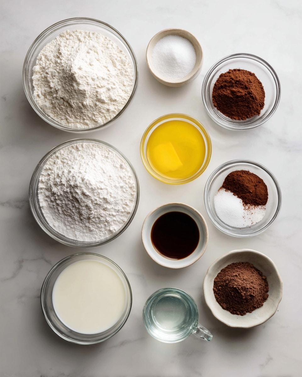 The image shows three separate arrangements of clear glass bowls with baking ingredients organized neatly on a white marbled surface. The first section on the left has five bowls filled with dry ingredients: a large bowl of white flour, a small bowl of kosher salt, a medium bowl of white sugar, a small bowl of unsweetened cocoa powder, and a small bowl of baking powder. In the center section are three bowls containing wet ingredients: a small bowl of yellow melted butter, a medium bowl of white milk, and a small bowl of dark vanilla extract. The last section on the right has two bowls for topping: a medium bowl with a mixture of white and brown sugar and a small bowl of unsweetened cocoa powder, plus a clear glass cup with boiling water. The bowls are evenly spaced with labels placed above or on them, all set against the white marbled texture photo taken with an iphone --ar 4:5 --v 7