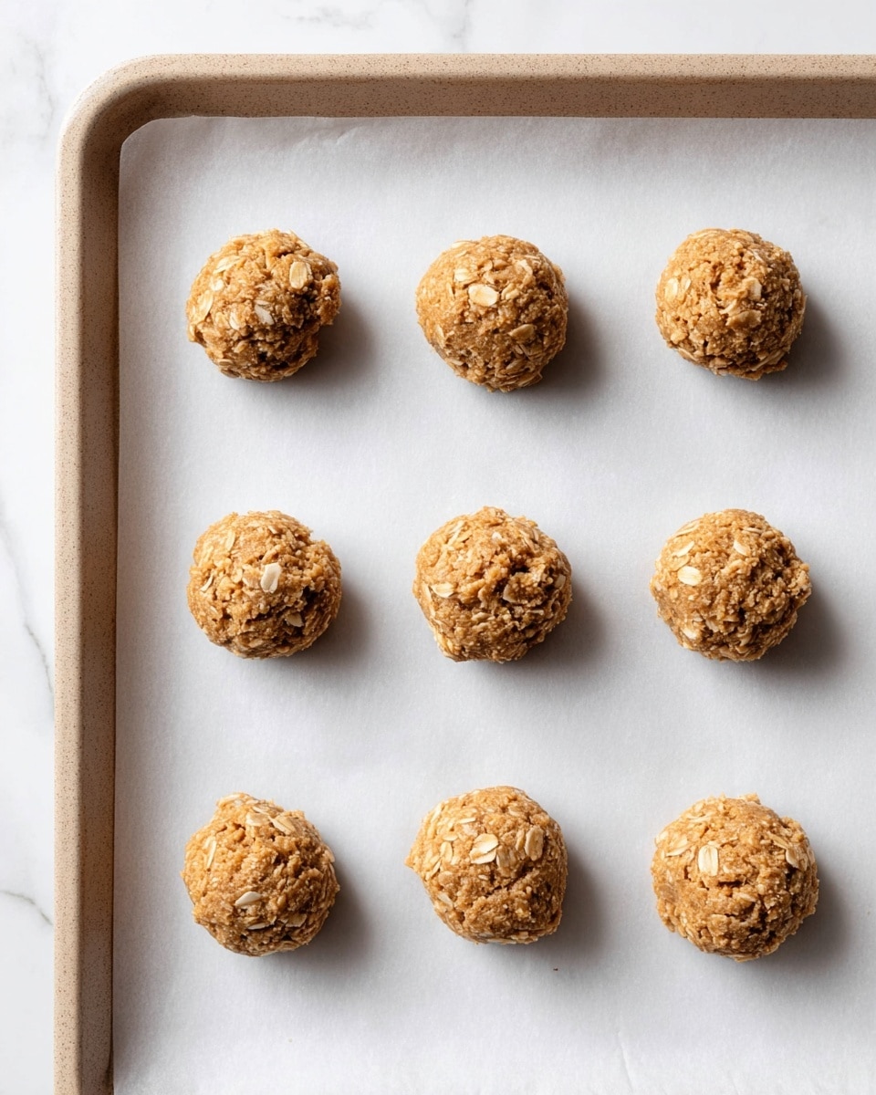 The image shows nine round cookie dough balls placed in three rows on a white parchment paper lined baking tray. Each dough ball is light brown with visible oat flakes in the texture, giving a rough and uneven look. The dough balls are evenly spaced apart and have a soft, slightly crumbly surface. The baking tray is set on a white marbled surface. photo taken with an iphone --ar 4:5 --v 7