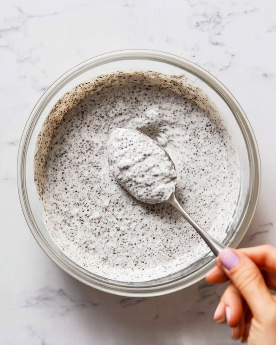 A clear bowl filled with a white mixture that has many small black seeds evenly spread throughout, showing a thick and creamy texture. A silver spoon is lifting a scoop of the mixture from the center of the bowl, and a woman's hand is holding the spoon visible at the bottom right. The bowl is placed on a white marbled surface. photo taken with an iphone --ar 4:5 --v 7