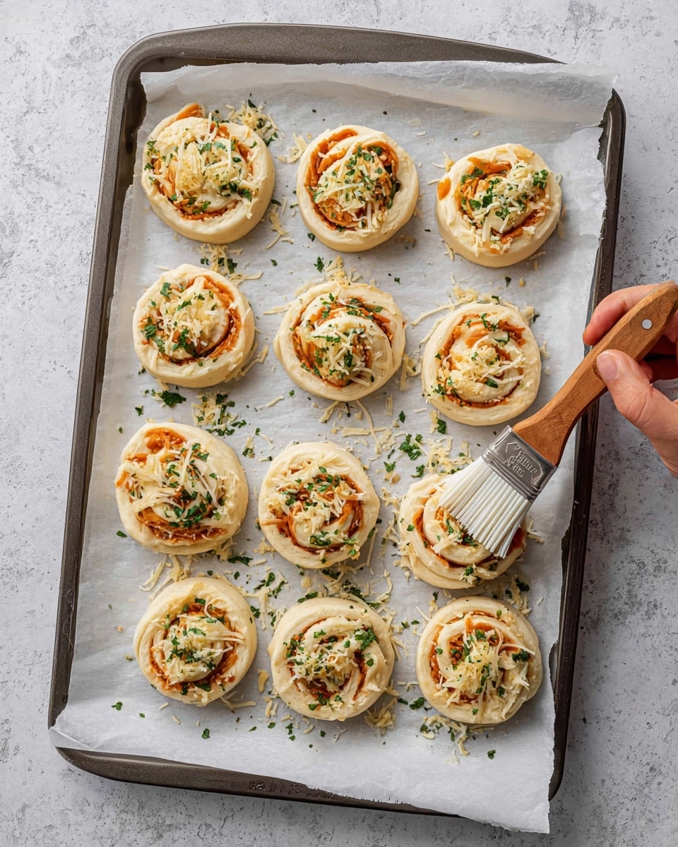 There are twelve small round dough spirals on a white parchment paper over a baking tray. Each spiral has three visible layers: the light cream dough forming the base and outer edges, an orange layer of thin strips scattered inside the spirals, and shredded pale yellow cheese sprinkled on top. Small green herb bits are scattered over the dough and ingredients. A white silicone brush with a brown wooden handle is held by a woman's hand brushing some green herbs and a light glaze on one of the spirals. The tray is set on a white marbled surface photo taken with an iphone --ar 4:5 --v 7