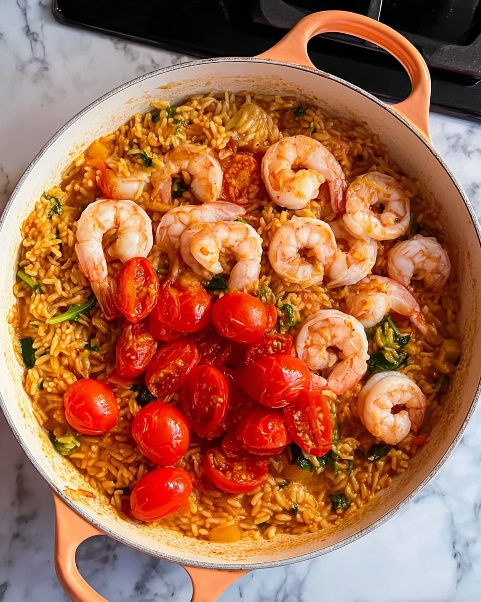 A white pan with light orange handles filled with a dish layered with cooked rice mixed with a sauce that is orange with bits of green vegetables. On top, there is a grouping of light pink shrimp and next to them bright red sliced cherry tomatoes covering about one-quarter of the pan. The pan is on a white marbled surface next to a black stove. Photo taken with an iphone --ar 4:5 --v 7