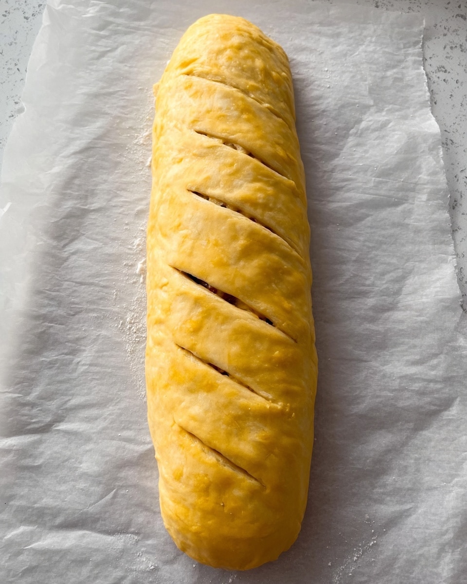 A long, oval-shaped pastry with a smooth golden yellow surface rests on white parchment paper over a white marbled background. The pastry has three evenly spaced diagonal slits along the top, revealing glimpses of darker filling inside. The texture of the pastry is slightly shiny and soft, with subtle creases running lengthwise. The overall look is neat and uniform, ready to be baked. Photo taken with an iphone --ar 4:5 --v 7