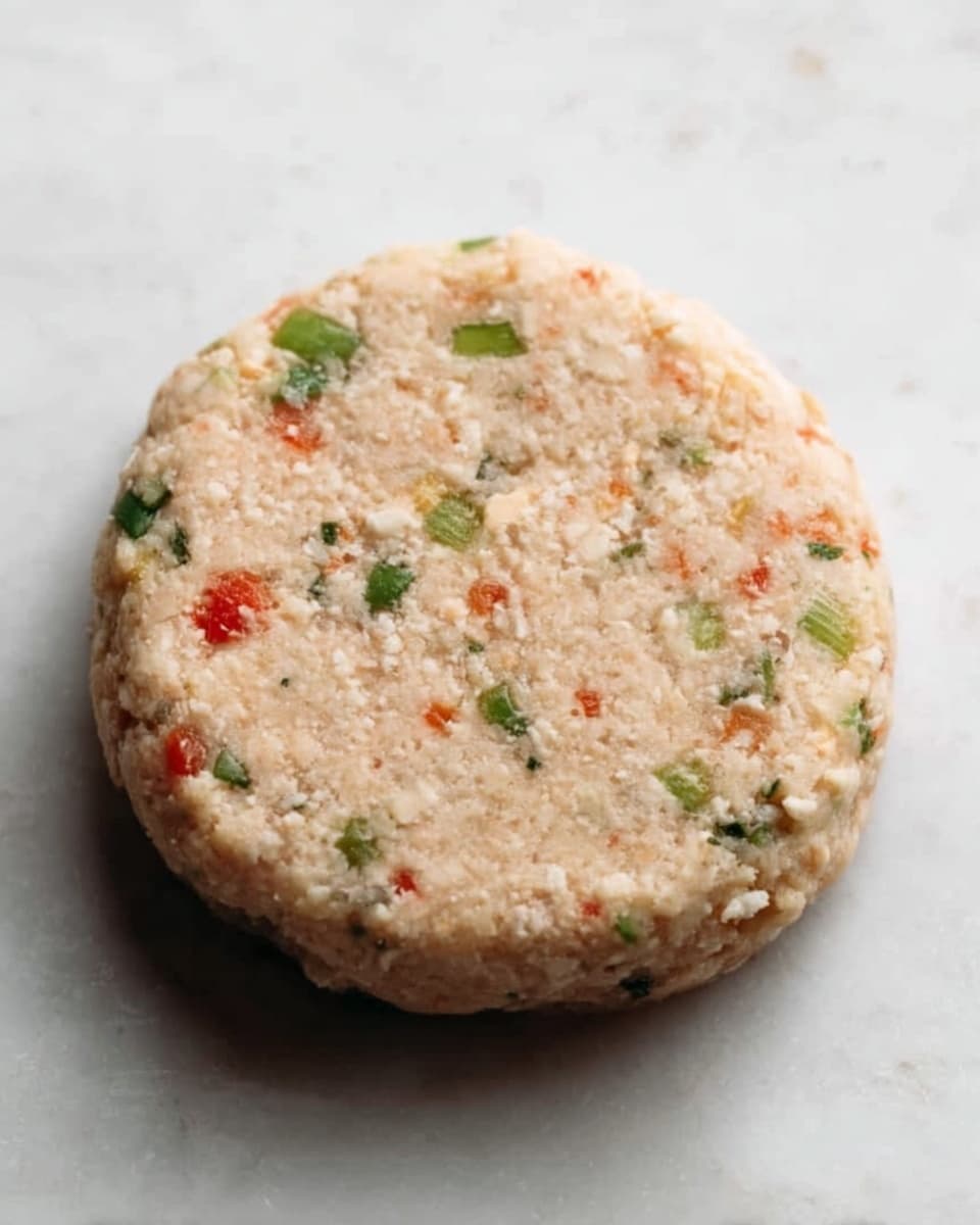 The image shows a single round patty placed on a white marbled surface, with a rough, grainy texture. It is beige in color with small pieces of green and red bits evenly distributed throughout the patty, giving it a speckled look. The patty’s surface appears soft but compact, slightly uneven with small indentations and bumps. The overall shape is flat and circular with a handmade feel. photo taken with an iphone --ar 4:5 --v 7
