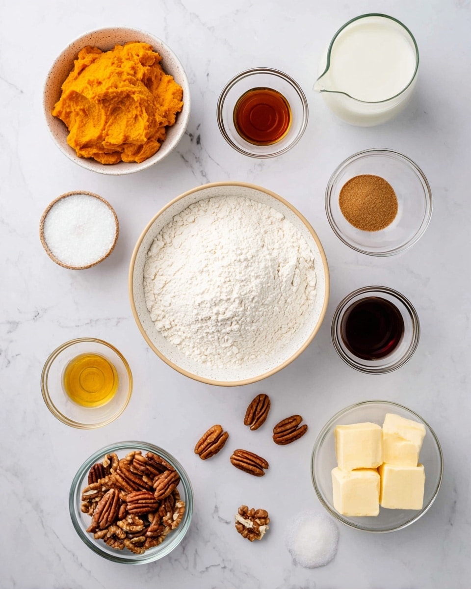 This image shows a flat lay of baking ingredients arranged neatly on a white marbled surface. In the center is a white bowl with a beige rim filled with white flour, surrounded by smaller white bowls and clear glass containers holding light brown sugar, orange mashed pumpkin, yellow butter cubes, dark brown vanilla extract, pecan nuts, white salt, white baking powder, and light golden syrup. There is also a clear glass of milk. Each ingredient is placed separately and clearly visible, creating a clean and organized look. photo taken with an iphone --ar 4:5 --v 7