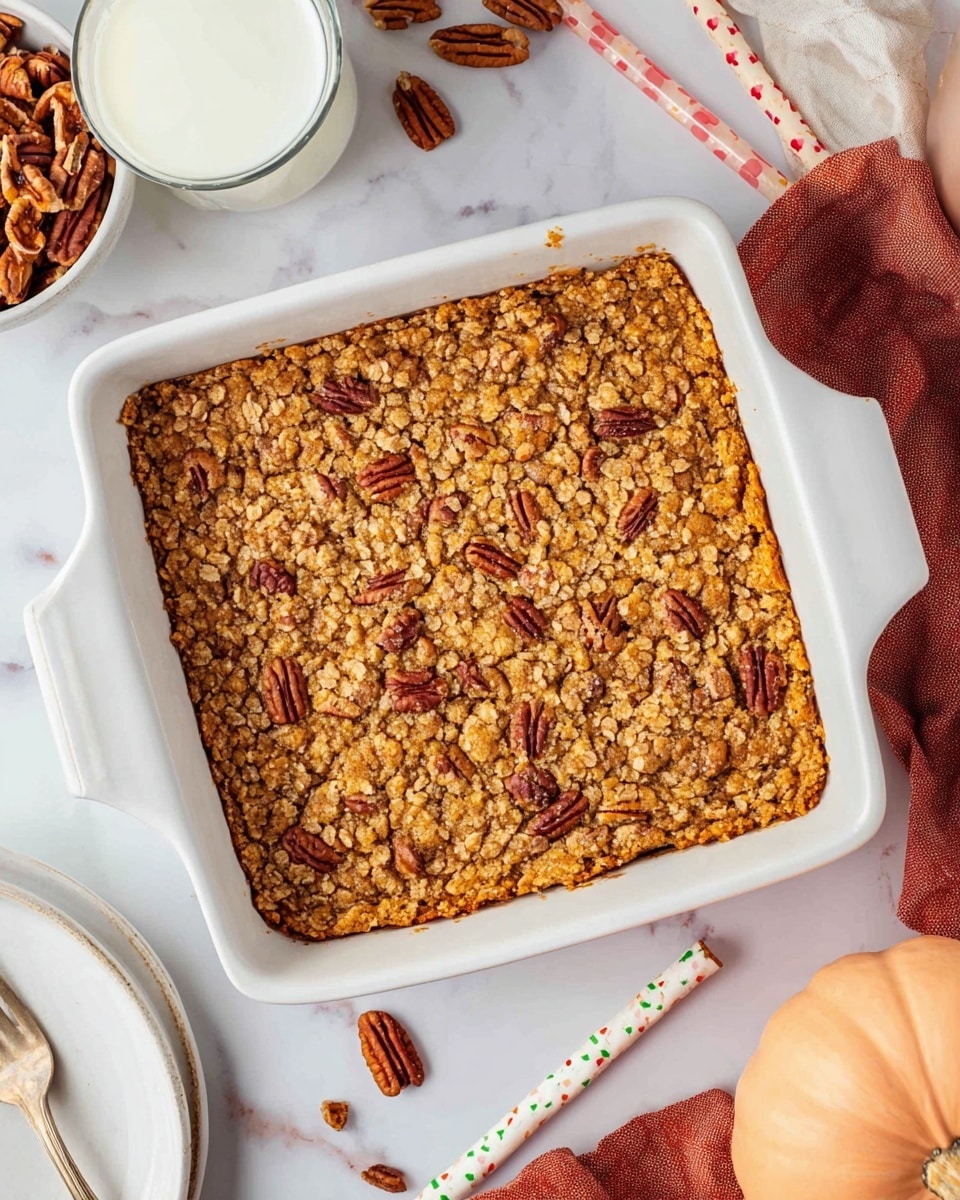 A close-up view of a single square piece of pumpkin cake with two layers, the bottom layer is a moist, dense orange cake with small air holes, and the top layer is a light brown crumb topping mixed with pecan halves scattered evenly on the surface. The cake piece sits on a white plate placed on a white marbled texture. Photo taken with an iphone --ar 4:5 --v 7