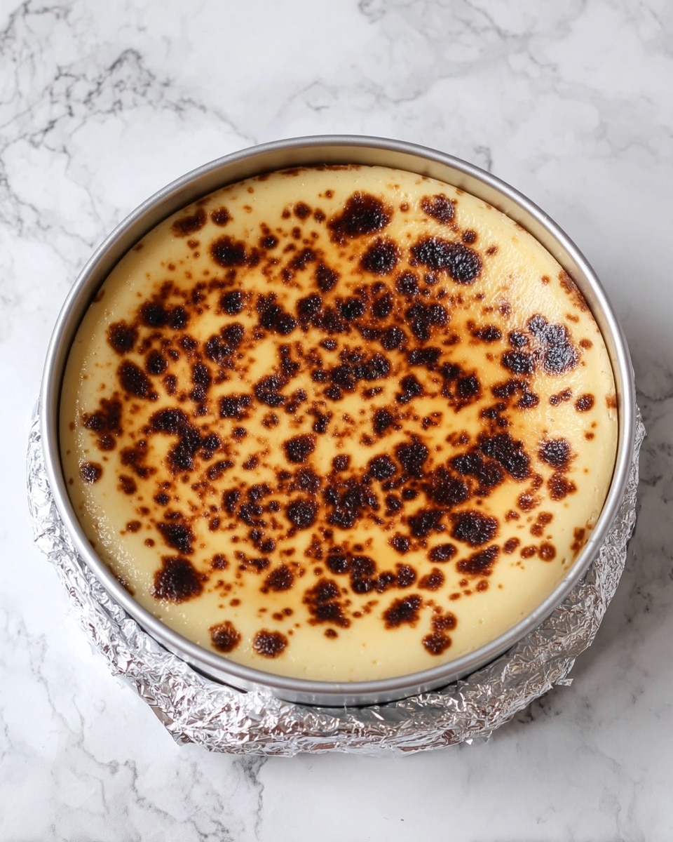 A round dessert with two visible layers sits inside a silver metal pan wrapped at the base in silver foil. The bottom layer is thick and creamy beige, while the top layer is smooth and pale yellow, spotted with uneven dark brown burnt patches scattered all over. The pan is placed on a white marbled surface, giving a clean look to the setting. photo taken with an iphone --ar 4:5 --v 7