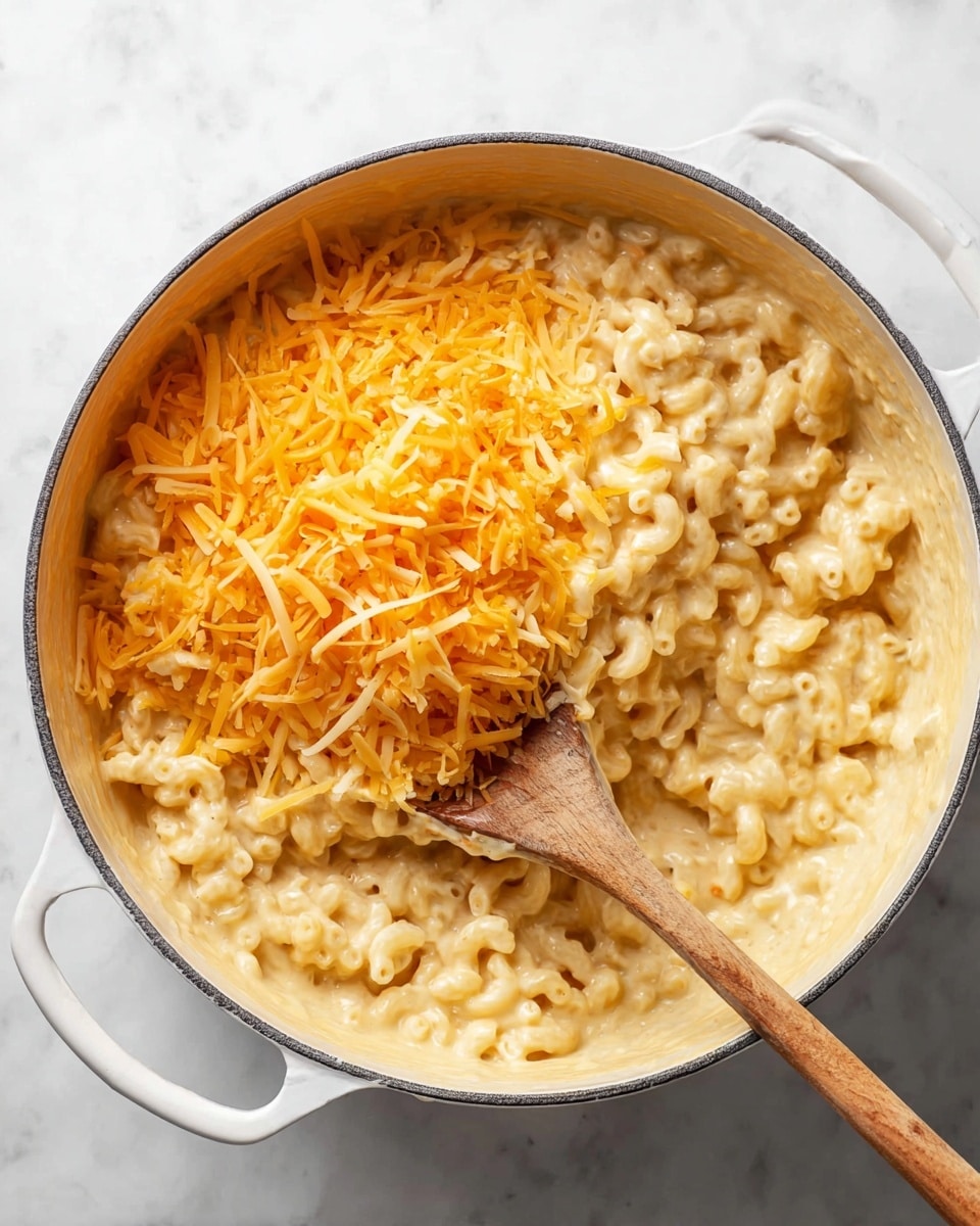 A white pot filled with creamy macaroni pasta in a thick light yellow cheese sauce. On top of the pasta, there is a pile of shredded cheese in two colors: pale yellow and bright orange, giving a mix of soft and sharp cheese textures. A wooden spoon is partly submerged in the pasta, resting on the left side of the pot. The pot sits on a white marbled surface that adds a clean and fresh look to the image. photo taken with an iphone --ar 4:5 --v 7