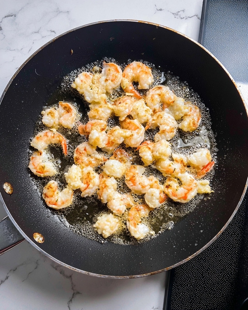 A black frying pan is shown with about thirty small pieces of shrimp cooking in bubbling oil. The shrimp pieces are light pink and white with some golden-brown spots where they have started to cook. The frying pan sits on a grey stove top, and the background is changed to a white marbled texture. The shrimp pieces are spread evenly across the pan's surface, with some closer to the edges and others near the center photo taken with an iphone --ar 4:5 --v 7
