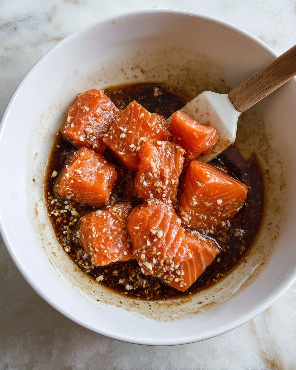 A white bowl holds several thick, square pieces of bright orange raw salmon, each piece covered with a dark brown marinade that has small white bits of garlic or ginger spread evenly on top and mixed in. A white spatula with a wooden handle rests inside the bowl on the right side, partially submerged in the sauce. The bowl sits on a white marbled surface. photo taken with an iphone --ar 4:5 --v 7