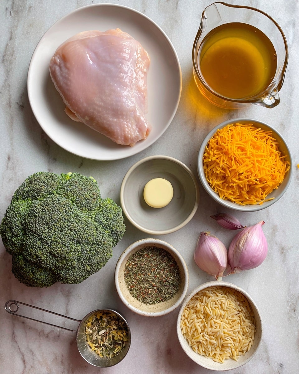 A white round plate holds one raw pink chicken piece with a smooth shiny texture on the top left, beside it to the right is a clear glass measuring cup with amber-colored broth inside. Below the plate is a small grey bowl with a soft dollop of pale yellow butter, next to it on the right is a small beige bowl filled with mixed herbs and spices in green, black, and pink colors. To the right of this is a white bowl piled with bright orange shredded cheddar cheese. Below the cheese bowl is a metal measuring cup filled with uncooked pale yellow orzo pasta. On the bottom left corner, there is a large green broccoli head with a rough textured surface. Near the bottom center-right are two pale purple shallot halves with smooth shiny skins and three peeled garlic cloves in light cream color. The items rest on a white marbled surface photo taken with an iphone --ar 4:5 --v 7