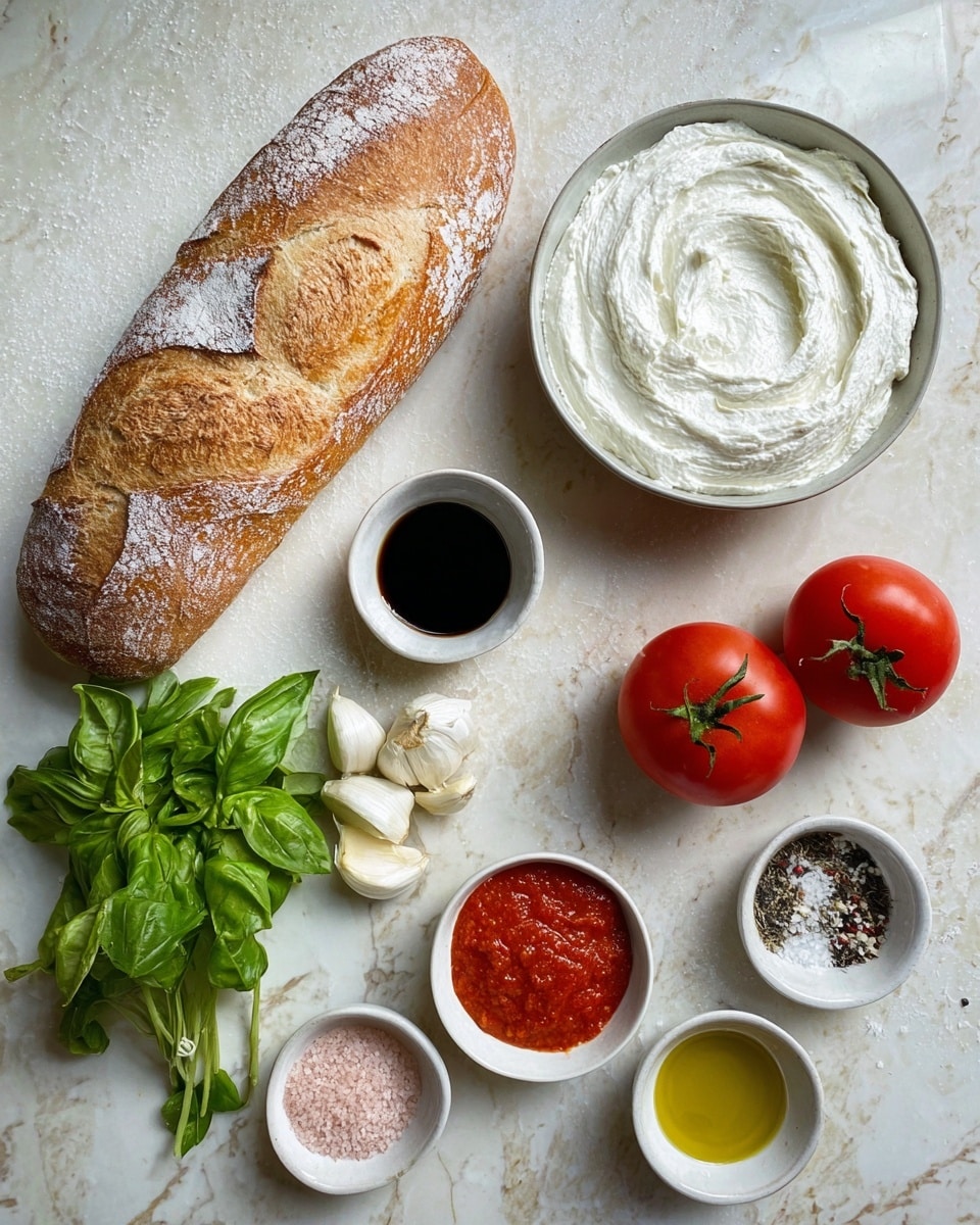 A white loaf of crusty bread with two deep slashes lies on the left side over a white marbled surface. On the top right, a white bowl holds a thick, creamy textured white cheese spread swirled on top. To the right of the bowl, there are three shiny red tomatoes with green stems. Below the bowl is a small white bowl filled with dark balsamic vinegar. To the left of the vinegar is a bunch of fresh green basil leaves, under which are three peeled garlic cloves. Above the bread, on the marbled surface, sits a small white bowl filled with golden olive oil. At the bottom right are two small round shallow white bowls, one with a bright red sauce and the other with black pepper and pink salt. The whole setup is on a white marbled surface, photo taken with an iphone --ar 4:5 --v 7