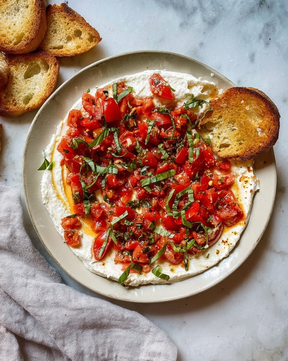 A dish with two layers is shown: the first layer is creamy white spread covering the base of a white bowl, smooth and thick. The second layer is a bright mix of small red diced tomatoes with green thin basil strips scattered on top, adding a fresh look. In the background, two toasted bread pieces with golden brown color rest on the edge of the bowl. In the foreground, one toasted bread slice with the same golden color holds a thick spread of the creamy white layer, topped by the diced tomato and basil mix, sitting on a wooden board. The dish is placed on a white marbled surface. photo taken with an iphone --ar 4:5 --v 7