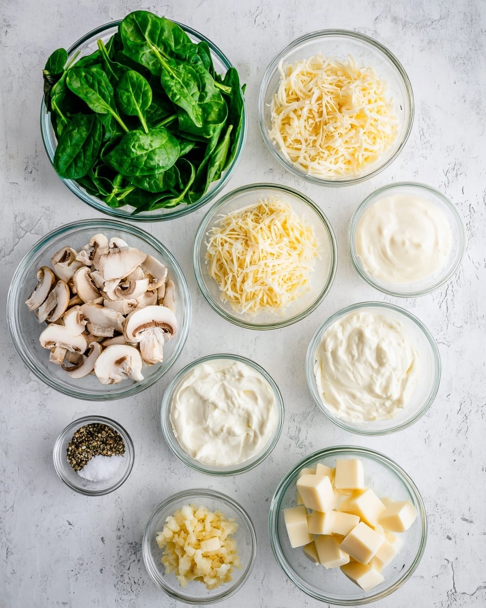 Nine clear glass bowls lay on a white marbled surface, each filled with different ingredients arranged from top left to bottom right. The largest bowl at top left is full of fresh, bright green spinach leaves with their veins and stems visible. To its right is a bowl of finely shredded white cheese with a light yellow tint. Below the spinach is a bowl filled with sliced mushrooms showing pale beige and white colors. Next to it on the right is another bowl with a lighter heap of shredded pale yellow cheese. Further right is a bowl of smooth, thick white cream. Below the mushrooms is a bowl containing a thick, pale mayonnaise-like sauce. At the bottom right is a bowl with medium-sized cubes of white cheese. In the bottom center is a small bowl holding minced garlic pieces, light yellow in color. Lastly, at the bottom left corner is a tiny bowl with salt and black pepper. photo taken with an iphone --ar 4:5 --v 7