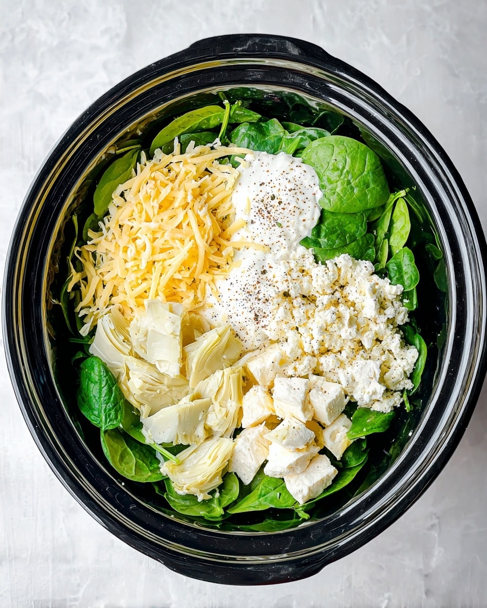 This image shows a black slow cooker bowl on a white marbled surface, filled with layers of fresh bright green spinach leaves at the bottom, topped with several separate piles: one of pale yellow shredded cheese on the left, a smaller pile of white sour cream with black pepper sprinkled in the center, a mound of finely chopped creamy white artichoke hearts on the right, and chunks of white cream cheese with black pepper on the front right side; the textures vary from leafy and soft to creamy and shredded, all arranged without mixing. Photo taken with an iphone --ar 4:5 --v 7