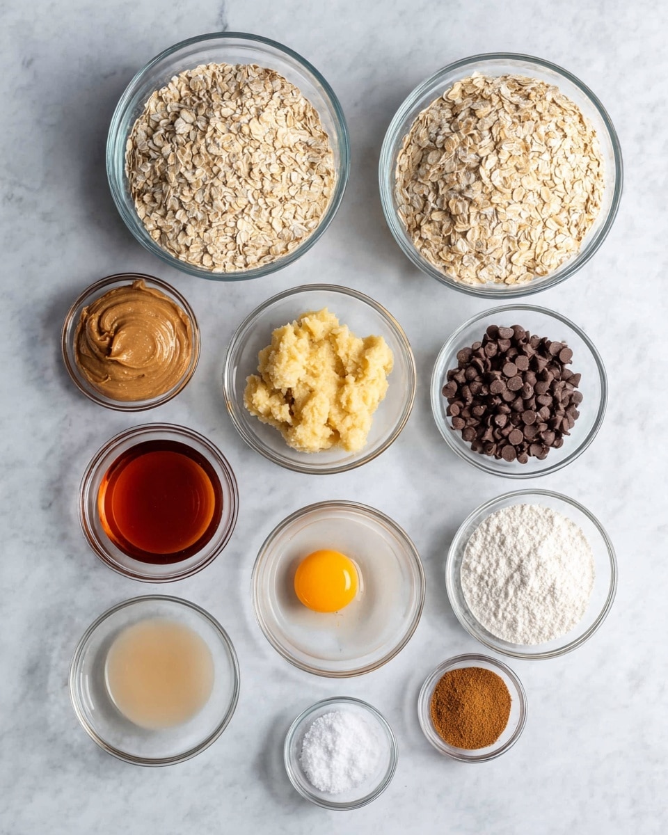 The image shows ten clear glass bowls arranged on a white marbled surface. The two largest bowls at the top contain light beige rolled oats on the right and a pale off-white flour on the left. Below these, the middle row has three bowls: a smooth, light brown peanut butter on the left, mashed bananas with a soft yellow color in the center, and dark brown chocolate chips on the right. The row below this has four smaller bowls: a deep amber liquid (likely syrup) on the left, a clear bowl with one raw egg (yellow yolk and clear white) in the middle left, a light brown liquid (vanilla) in the middle right, and a very small bowl with white baking powder on the right. The bottom row shows three tiny bowls with coarse white salt on the left, a white powder (baking soda) in the center, and brownish cinnamon powder on the right. The photo has a clean and organized look, photo taken with an iphone --ar 4:5 --v 7