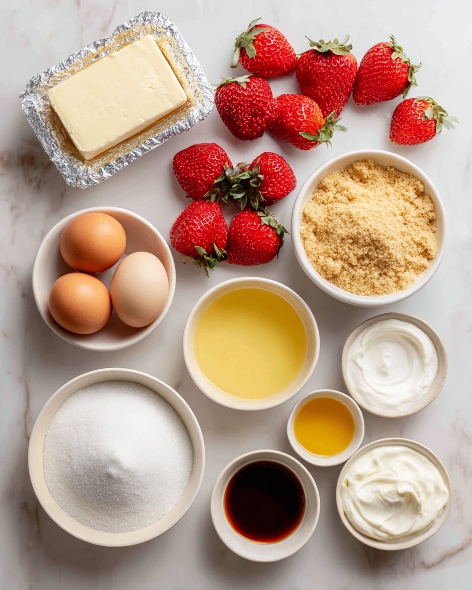 A top-down view of ingredients arranged neatly on a white marbled surface, including a silver-wrapped block of cream cheese on the top left, bright red whole strawberries scattered near the center, a white bowl filled with light brown graham cracker crumbs on the top right, a small white bowl with melted yellow butter below it, and a white bowl containing two eggs on the bottom left. A larger white bowl filled with white granulated sugar sits in the center. Additional small white bowls are placed along the bottom, holding pale yellow lemon juice, dark brown vanilla extract, and thick white sour cream. Each ingredient is labeled clearly with bold black text on white. Photo taken with an iphone --ar 4:5 --v 7