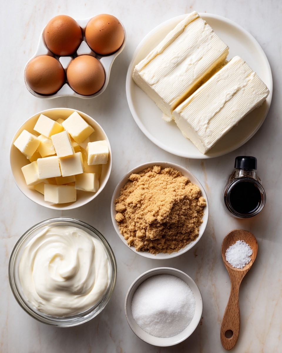 The image shows ingredients neatly arranged on a white marbled surface, each in its own white bowl or container. There are four brown eggs in a white egg holder at the top left. Next to it on the right is a white plate holding three large blocks of smooth, white cream cheese. Below the eggs is a bowl filled with fine white sugar, with a bowl of yellow butter cubes positioned below that. A bowl filled with light brown graham cracker crumbs is placed to the right of the sugar bowl, and beside it is a small black bottle of vanilla extract. At the bottom left is a clear glass cup filled with white heavy cream, and next to that, a white bowl contains thick, white sour cream. A wooden spoon with a small amount of salt rests to the right of the sour cream bowl. Photo taken with an iphone --ar 4:5 --v 7