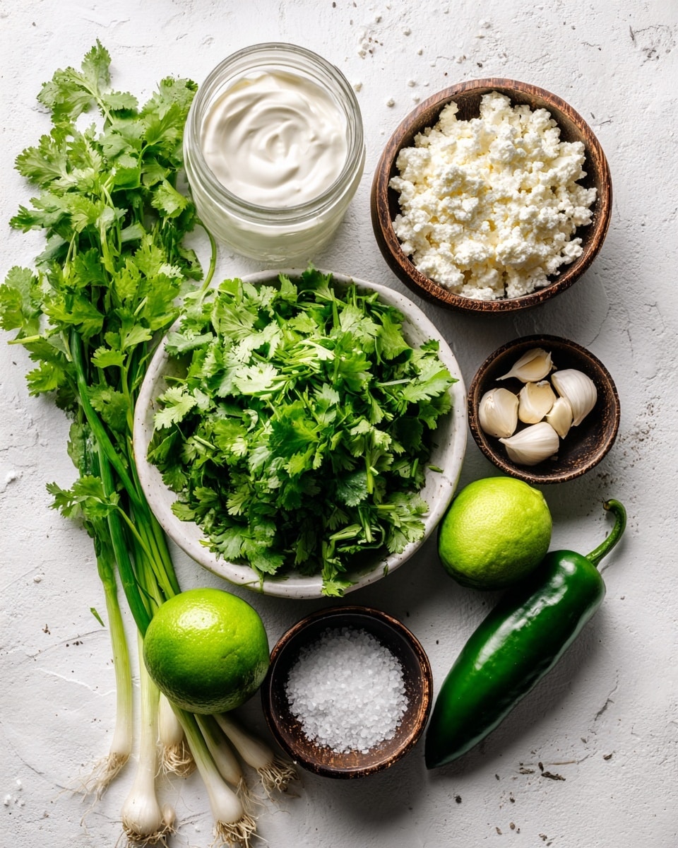 The image shows a top-down view of several fresh ingredients arranged neatly on a white marbled surface. In the center, there is a white bowl filled with fresh green cilantro leaves. Around it, there are small wooden bowls; one with white sour cream and another with off-white mayonnaise. A small wooden bowl holds white cotija cheese crumbles, while a tiny dark wooden bowl contains two garlic cloves. To the right of the cilantro, there is a whole green jalapeno pepper and a bunch of green onions with white bases. A whole bright green lime is placed below the cilantro bowl, and a glass jar of kosher salt is positioned on the left side of the image. All elements are clear with natural lighting, photo taken with an iphone --ar 4:5 --v 7
